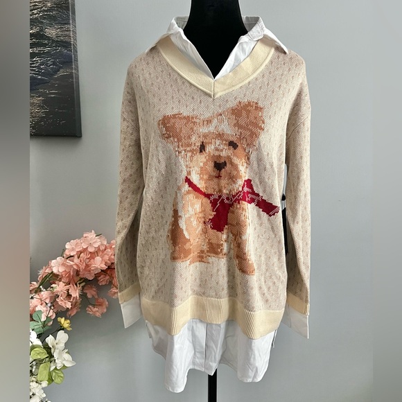 Jones New York Women's Dog Scarf Layered-Look V-Neck Sweater Size Small - Picture 1 of 10